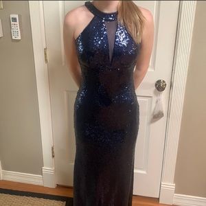 Navy sequin halter backless full length dress